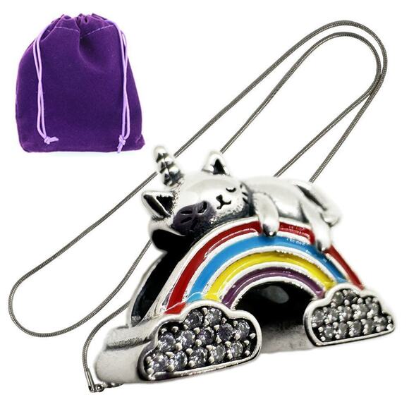 Cat Unicorn on Rainbow Necklace Pendant Jewelry - Picture 1 of 7
